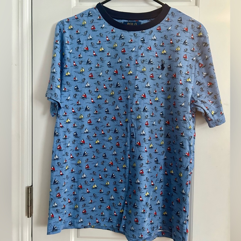 Polo Ralph Lauren Boys' L (14-16) Blue Sailboat Print Cotton Jersey T-Shirt